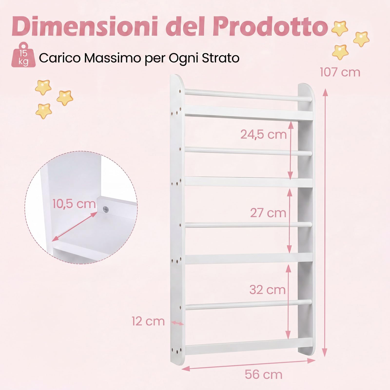 RELAX4LIFE Libreria da Parete per Bambini, Libreria Montessoriana per Bambini con Bordi Rialzati e Barre di Protezione, Scaffale Portaoggetti a 4 Livelli per Cameretta e Asilo Nido (Bianco)