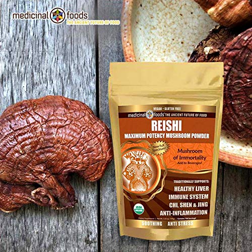 Medicinal Foods Reishi Mushroom Powder - Highest Potency, Full-Spectrum, Soothing, Anti-Stress, for Smoothies & Tea, Organic, Vegan, Non-GMO, Gluten-Free (100 Servings)