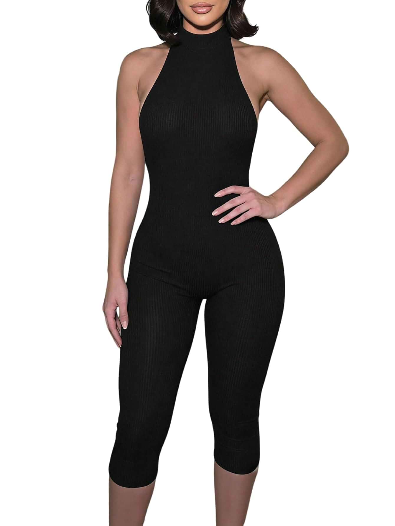Milumia Women's Halter One Piece Capri Jumpsuit Sexy Backless Romper Bodycon Skinny Pants, Stretchy, Sleeveless, Summer Fall, Workout, Rave Party, Club Outfits