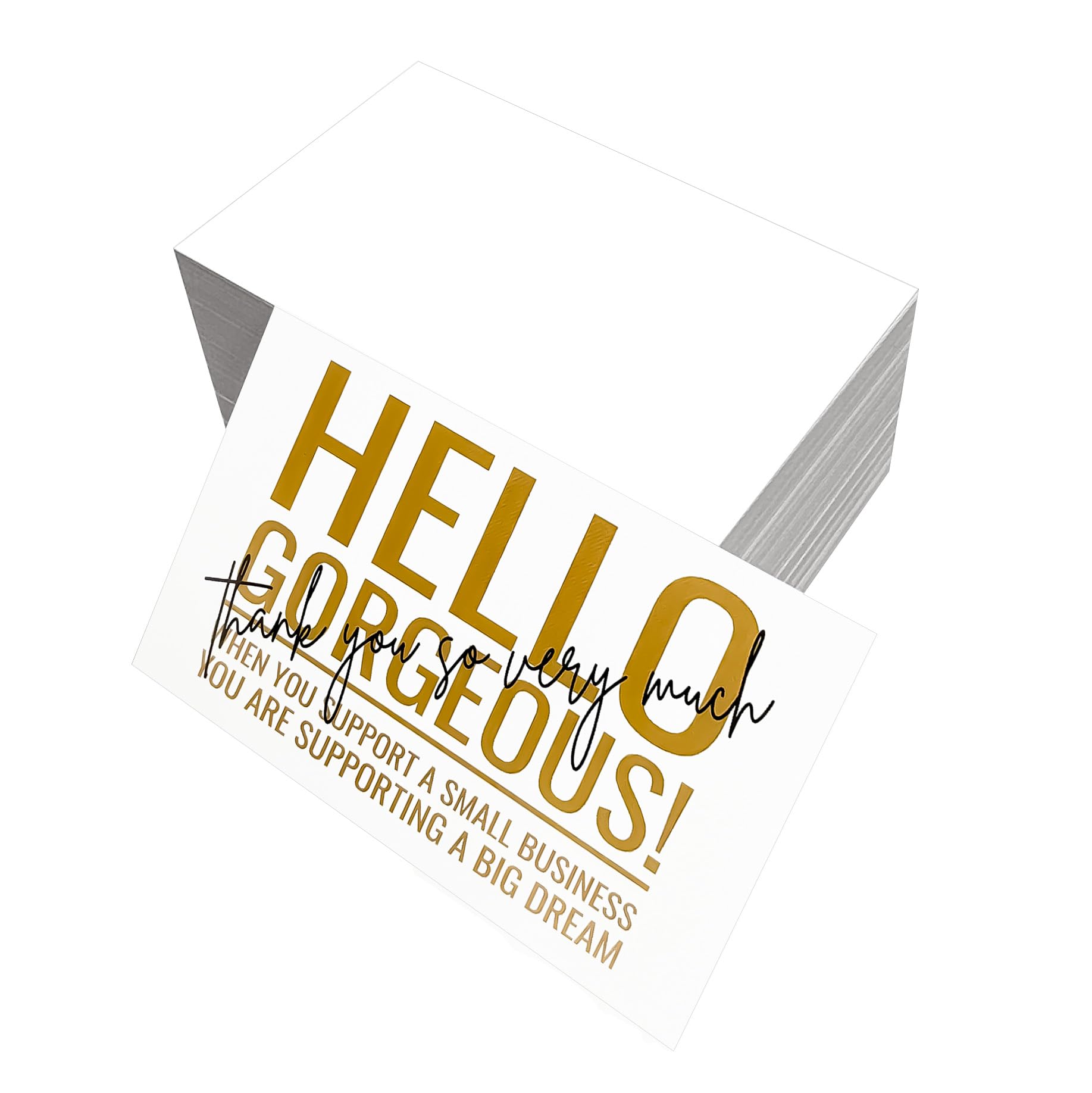 100 Dankeskarten 'Hello Gorgeous' In Weiß & Gold – Perfekt Für Kleine Unternehmen