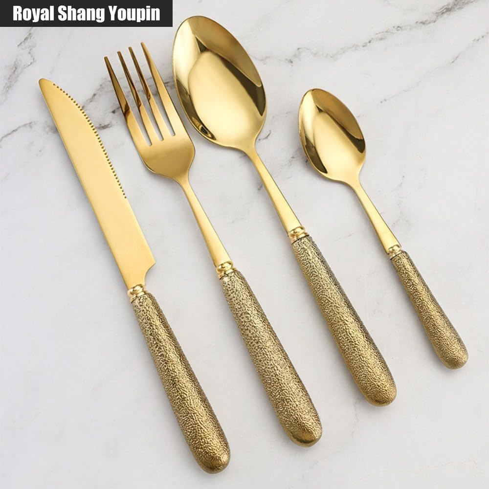 24 Pezzi Martello Grano Manico in Ceramica Cucina Acciaio Inossidabile Posate Stoviglie Posate Coltelli Forchette Cucchiai Set Per 6 Persone (Oro)