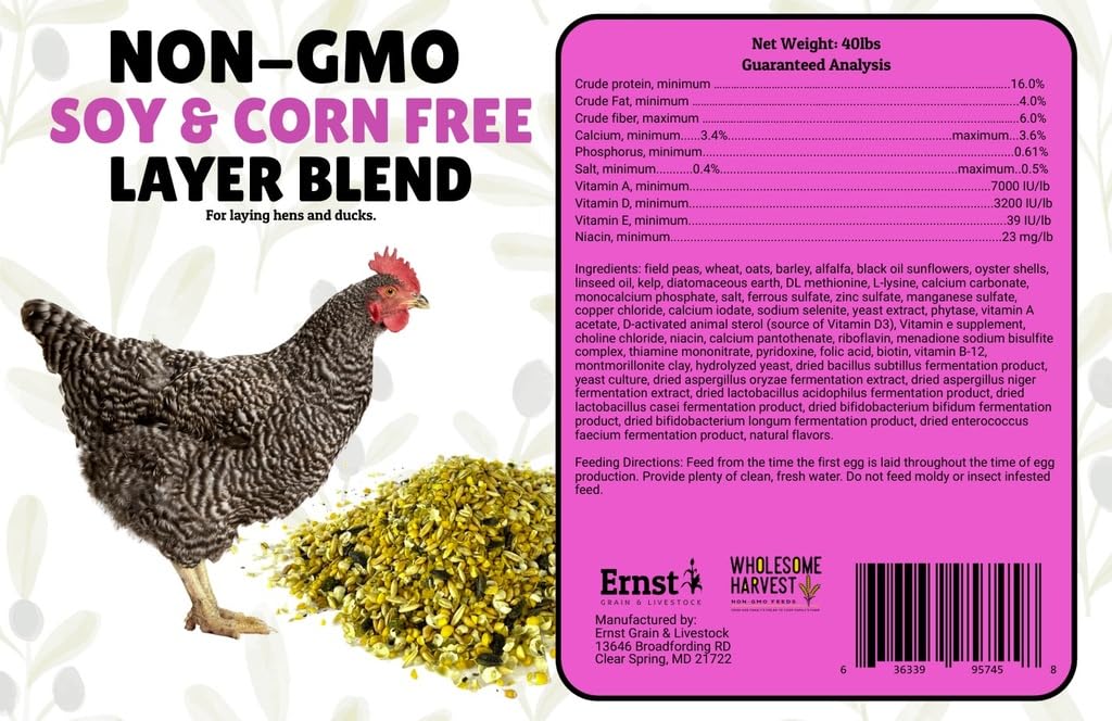 Alimento Integral para Gallinas Ponedoras Y Patos, Sin Soja Ni Maíz, Sin OMG (16%) - Incluye Aceites Esenciales, Hierbas, Conchas De Ostras, Minerales Vitales Y Omega 3, 4.5 Kg