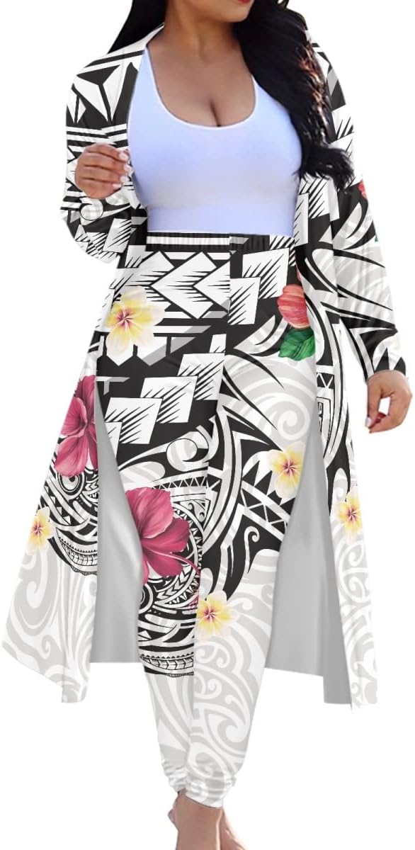 KIDVOVOU Women 2 Piece Outfits Polynesian Tribal Floral Printed Long Sleeve Open Front Cardigan Bodycon Pants Luau Party Sets