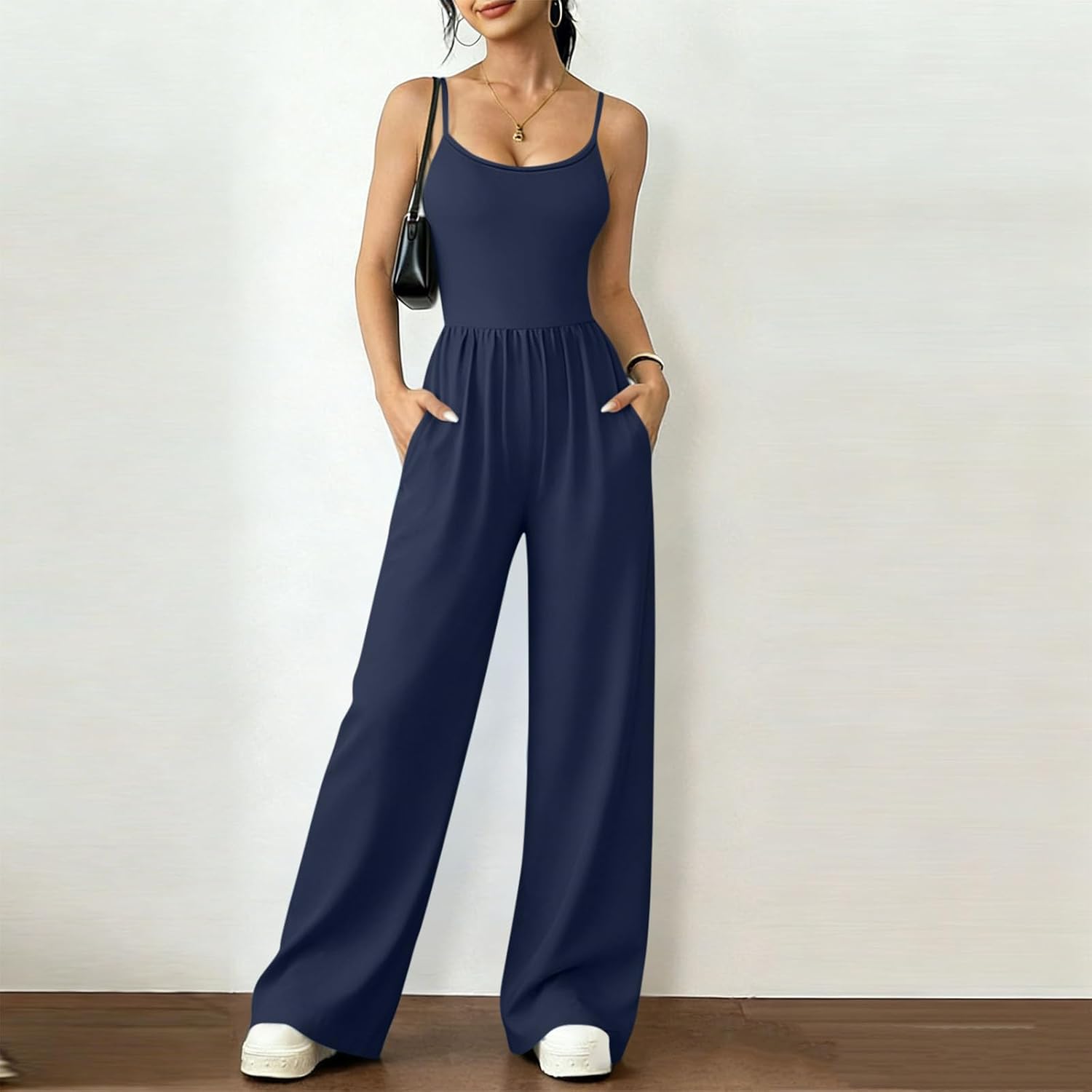 Jumpsuits for Women Square Neck Sleeveless Wide Leg Rompers Loose Fit Long Pant Rompers Beach Vacation Clothes