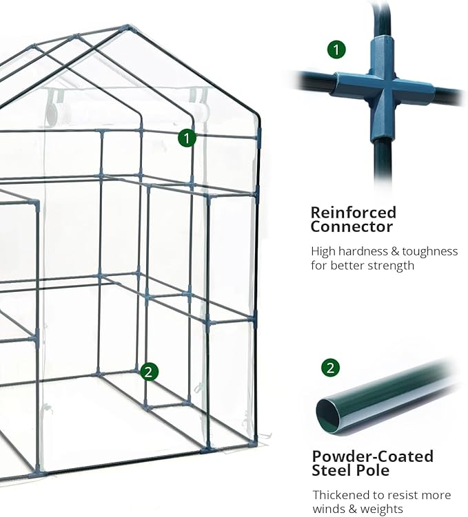 Don't let the changing weather impact your plants - the KING BIRD Greenhouse features a roll-up door and mesh windows to help control temperature and humidity levels. Whether you need to maintain higher temperatures or let in some fresh air, this walk-in greenhouse has got you covered. Plus, with all eco-friendly materials selected for your peace of mind, you can rest assured that your plants are in good hands. Add the KING BIRD Greenhouse to your garden today and watch your plants thrive in their new spacious and protected environment. Description by ChatGPT.