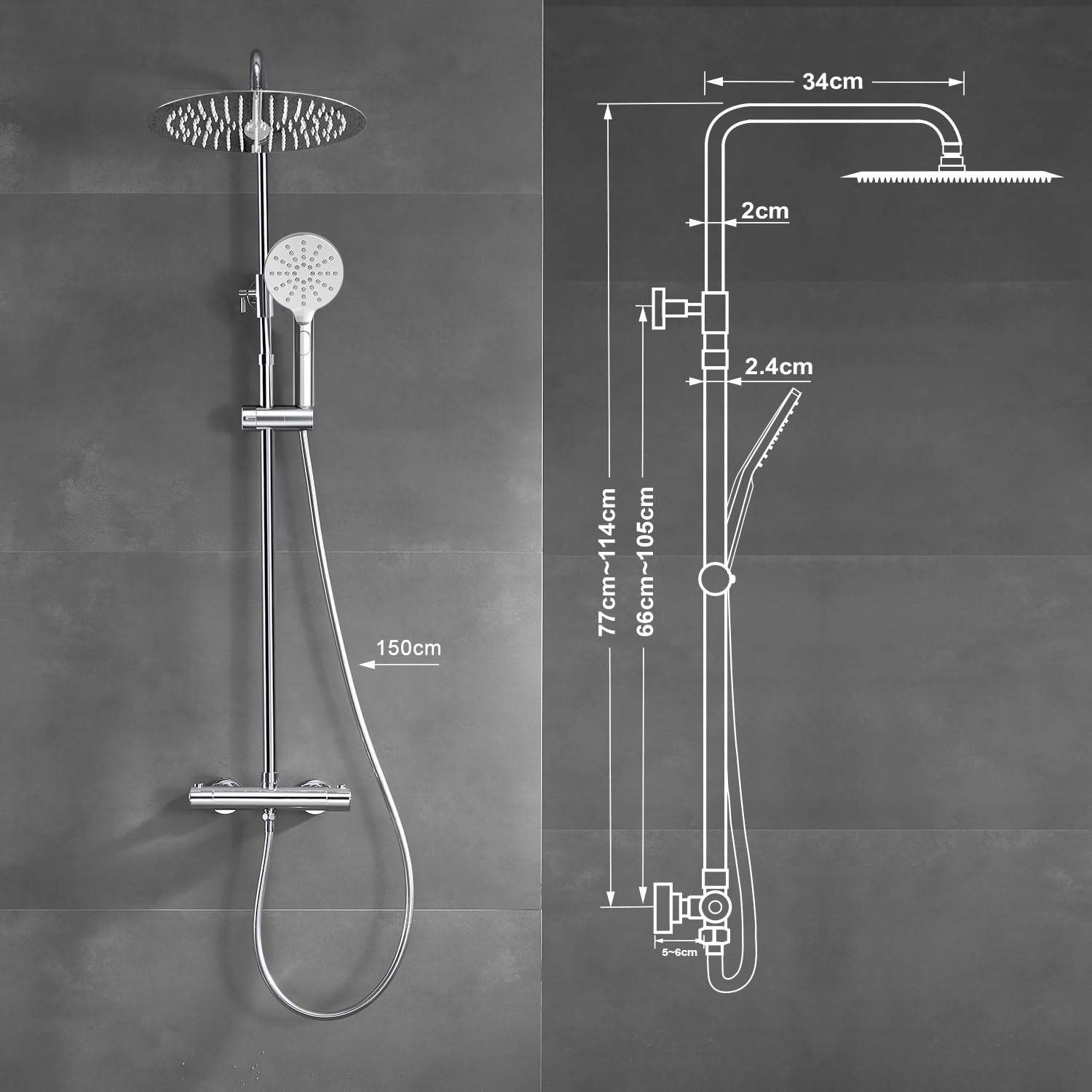 Görbach Colonne de Douche avec Robinetterie Ensemble pour Salle de Bain et Baignoire avec Mitigeur de Douche Système de Douche Thermostatique avec Douchette 3 Jets et Tête de Douche D30cm