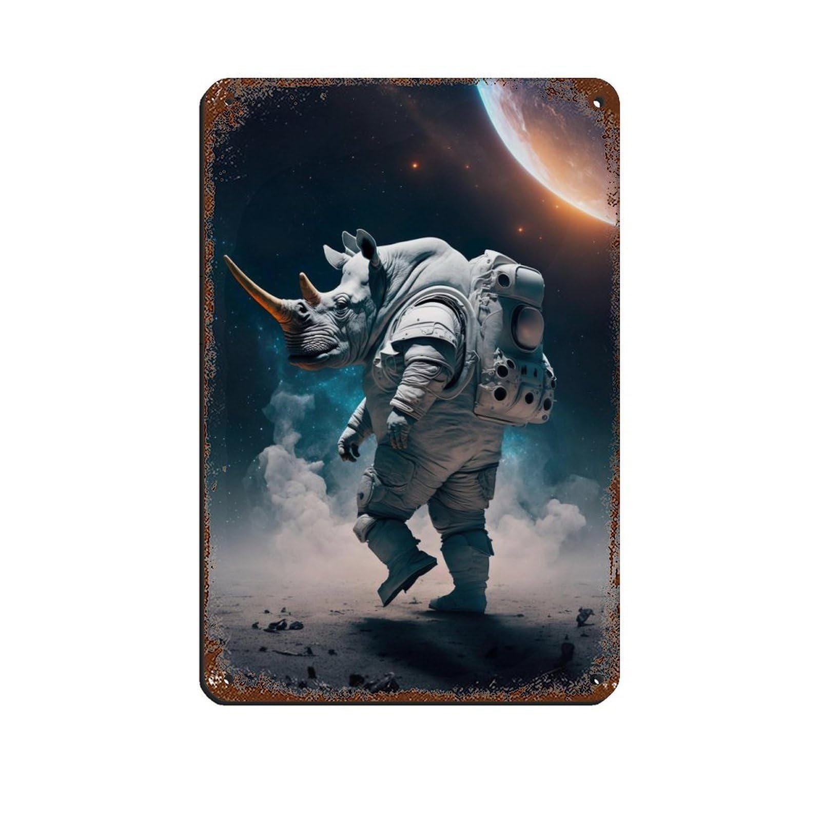 Lxwnze 20L X 30W Cm Astronaut Rhino, Futuristic Animal Retro Poster Metal Tin Sign Chic Art Retro Iron Painting Bar People Cave Cafe Family Garage Poster Wall Decoration 8X12inch(20X30cm)