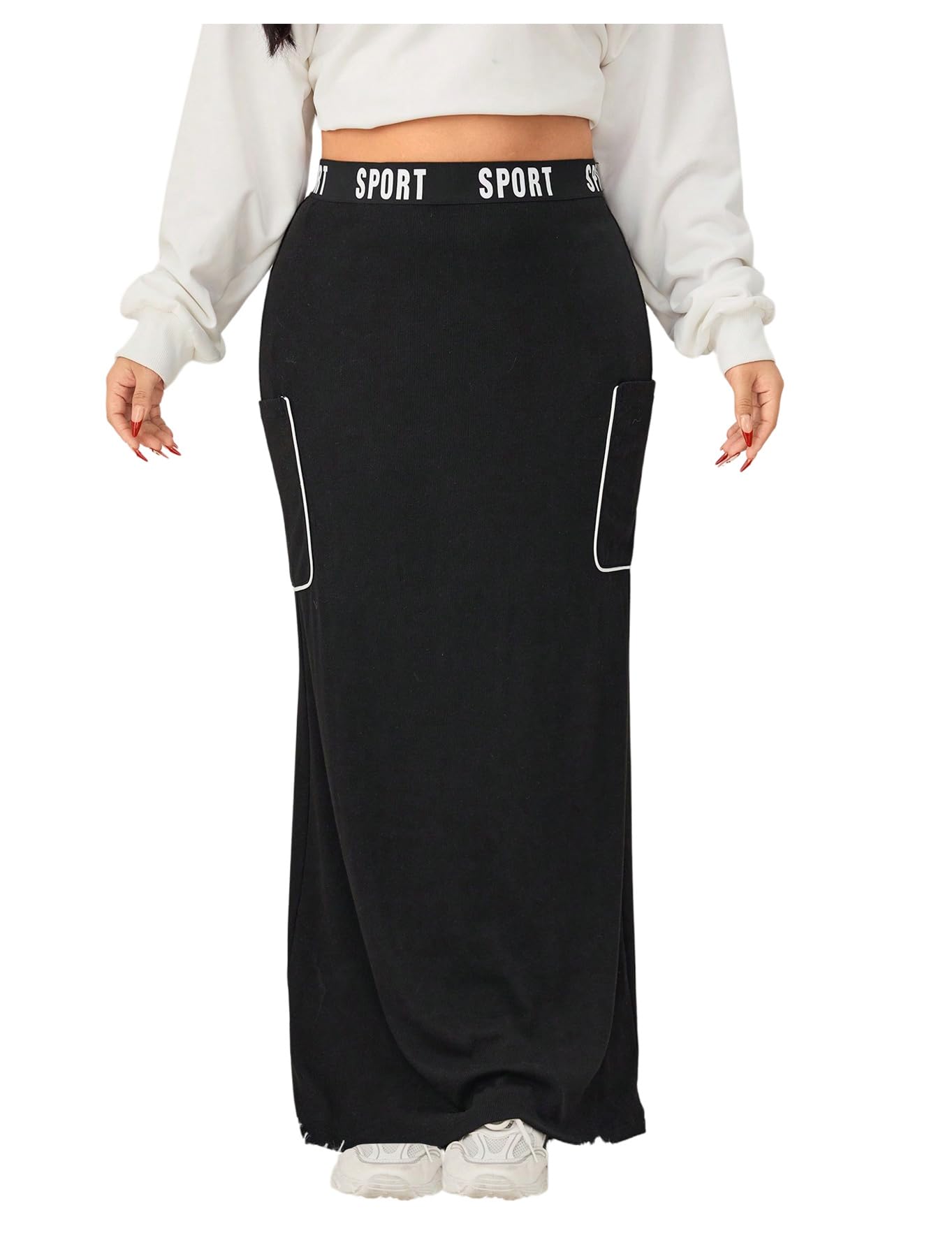OYOANGLE Womens Plus Size Ribbed Knit Maxi Skirt High Waisted Bodycon Pencil Skirts with Pockets