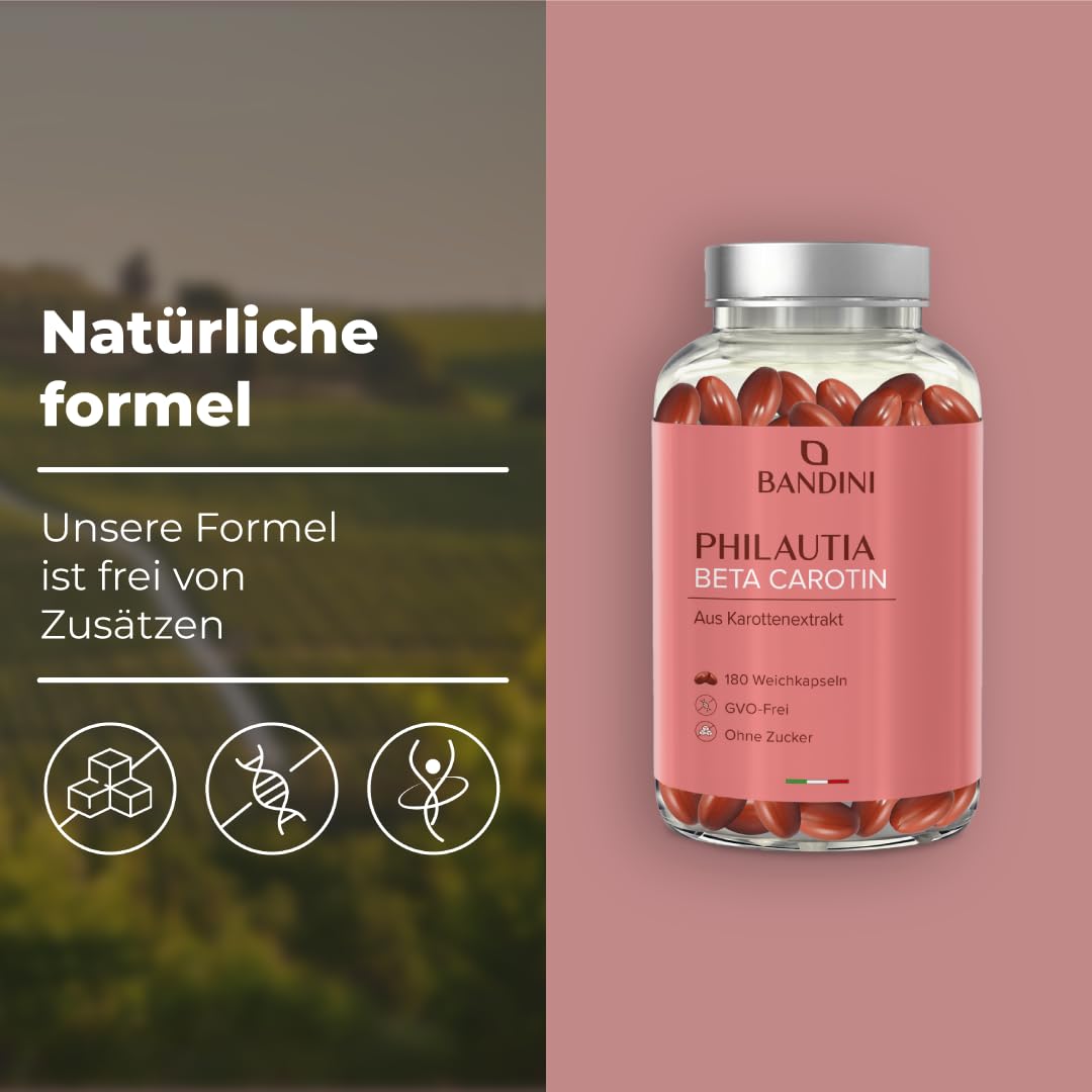 Bandini® Beta Carotin 180 Softgels | Beta-Carotin Bräunungskapseln | aus natürlichem Karottenextrakt | Vitamin A Hochdosiert für einen strahlenden Teint | Sehkraft, Haut & Immunsystem | 90 Tage