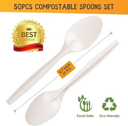 Miniatura 2 de Cucharas compostables, paquete de 50 cucharas desechables de 7 pulgadas, juego de cubiertos biodegradables, cucharas pesadas