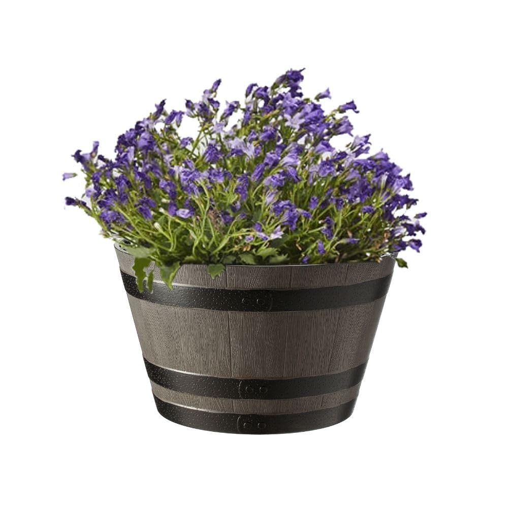 Gardening Naturally Light Grey Wooden Barrel Effect Planter Pot - Low Maintenance Plastic, Uv And Frost Resistant, 31Cm X 52Cm By Flowersea (Light Grey)