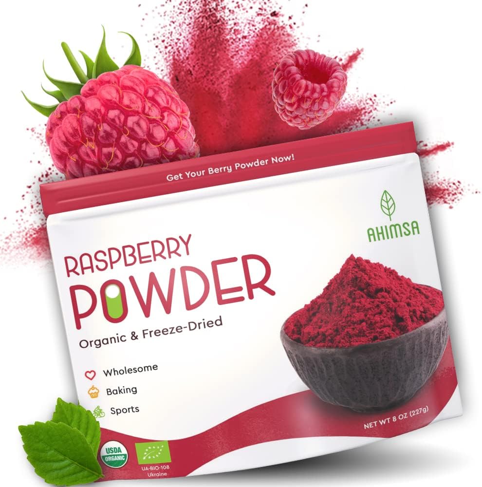 Ahimsa Organic Freeze Dried Raspberry Powder 8 oz | USDA Certified | Smoothie and Backing Powder | Organic Raspberry Fiber Juice Powder | Rich of Potassium | Raspberries Fresh Freeze Dried Powder