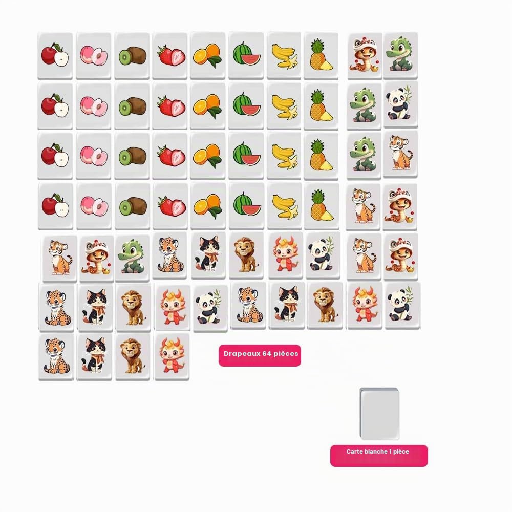 Lot de 65 blocs de jeu Seaside Escape Game - 30 mm - Avec autocollants - Motif fruits et animaux - Mahjong - Pour famille, voyage, réunion de fête