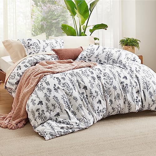 Image of Bedsure Duvet Cover King Size - Reversible White King Duvet Cover Set with Zipper Closure, 3 Pieces Floral Patterned Bedding Set with 8 Corner Ties and 2 Pillow Shams