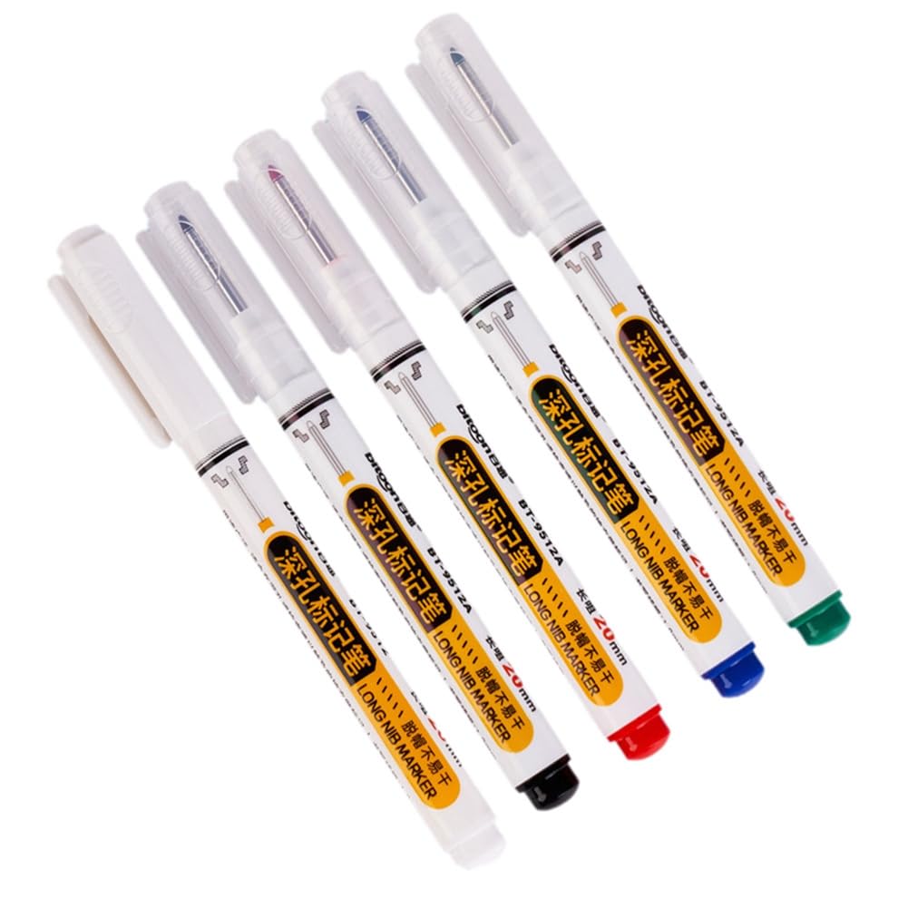 Giuneuow 5PCS Deep Hole Long Nib-Head Marker for Metal Perforating Pen Waterproof Woodworking Decoration Multi-Purpose