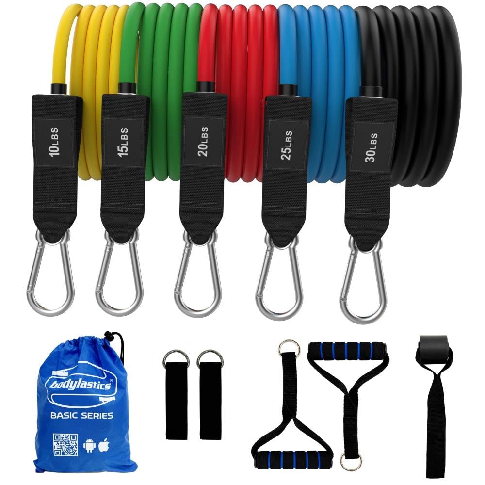 Bodylastics Patented Basic Series Resistance Band Set - 5 Resistance Bands (46 Inch Each vs PRO Series 54 Inch), 2 Handles, 2 Ankle Straps, 1 Door Anchor, Carry Bag - Snap Reduction Tech