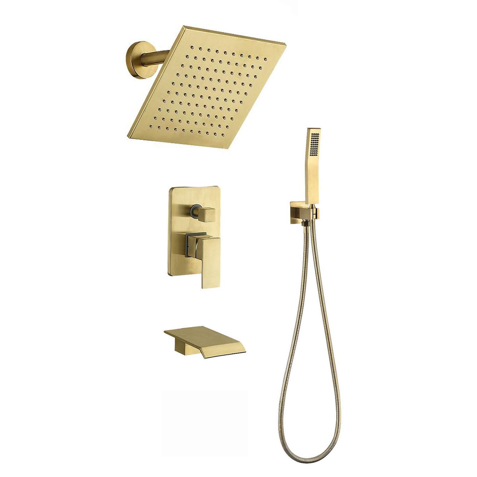 WXPGFEQ Shower System with Waterfall Tub Faucet, Brushed Gold Shower Faucet Set Wall Mounted Shower Combo Set Brass Rain Mixer Shower with Handheld Shower, 8 Inch Rainfall Shower Head