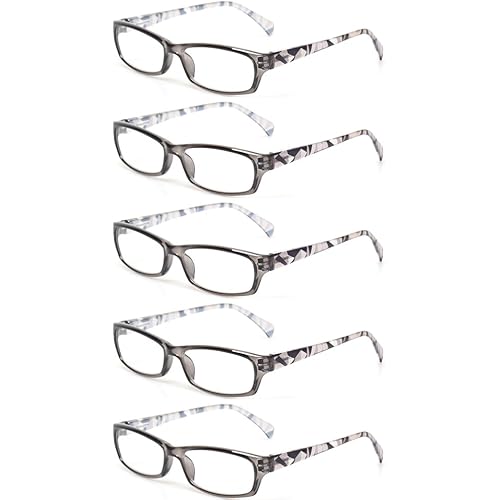 Kerecsen Reading Glasses 5 Pairs Fashion Ladies Readers Spring Hinge with Pattern Print Eyeglasses for Women (5 Pack Gray, 2.50)