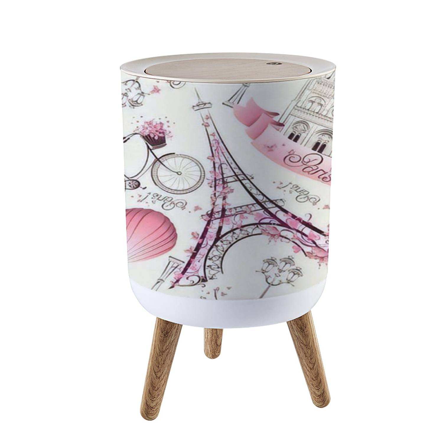 LGCZNWDFHTZ Small Trash Can with Lid for Bathroom Kitchen Office Diaper Paris Symbols Seamless Romantic Travel Paris Bedroom Garbage Trash Bin Dog