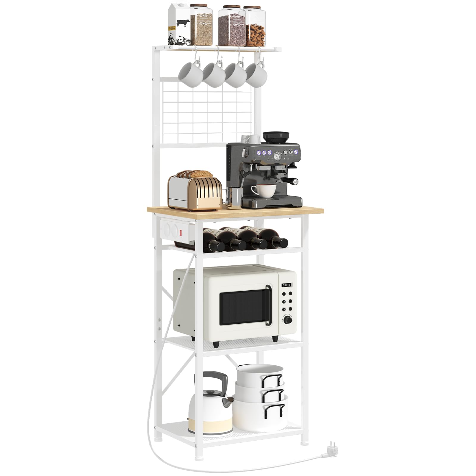 MAHANCRIS Étagère de Cuisine, Support pour Micro-Ondes avec Station de Charge, Meuble à Café avec Porte-Bouteilles et Crochets, Rangement avec 2 Prises, Couleur Boisée ABRBN23UE01