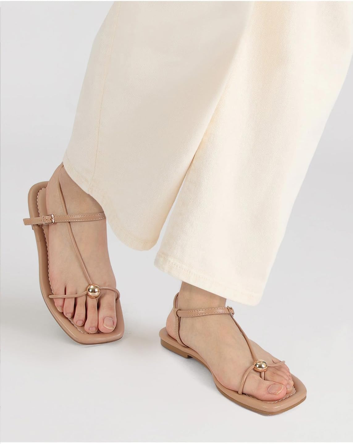 GTBINGGO Strappy Flat Sandals for Women Comfortable Open Square Toe Sandals Dressy Beach Thong Flip Flop Slides Sandals - Image 2