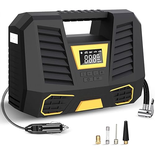 Air Compressor Tire Inflator for Car Tires 12V DC Auto Tire Pump with Digital Pressure Gauge，with Emergency LED Light for Car, Bicycle and Other Inflatables
