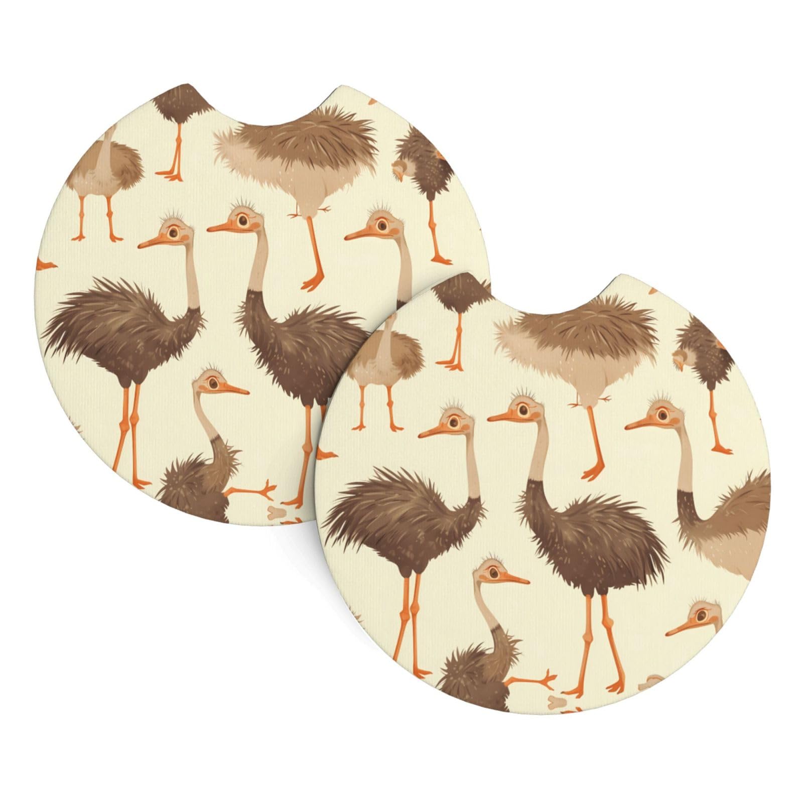 Cute Ostrich Printing Car Coasters 2 Pack - Durable Waterproof, Odorless, Easy to- Interior Car Accessories for Women and Menon
