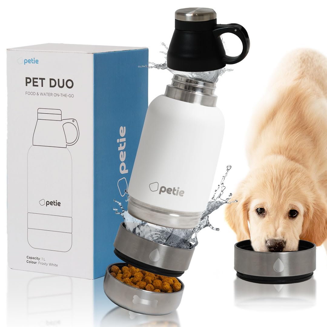 PETIE Botella de Agua Portátil para Perros PETDUO 1 Litro, Bebedero y Comedero Desmontable, Aislamiento Térmico, Acero Inoxidable, Ideal para Viajes y Paseos