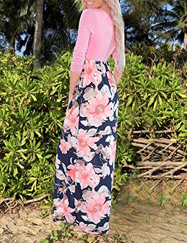 DUNEA Women's Maxi Dress Floral Printed Autumn 3/4 Sl eeve Casual Tunic Long Maxi Dress Pink,XL