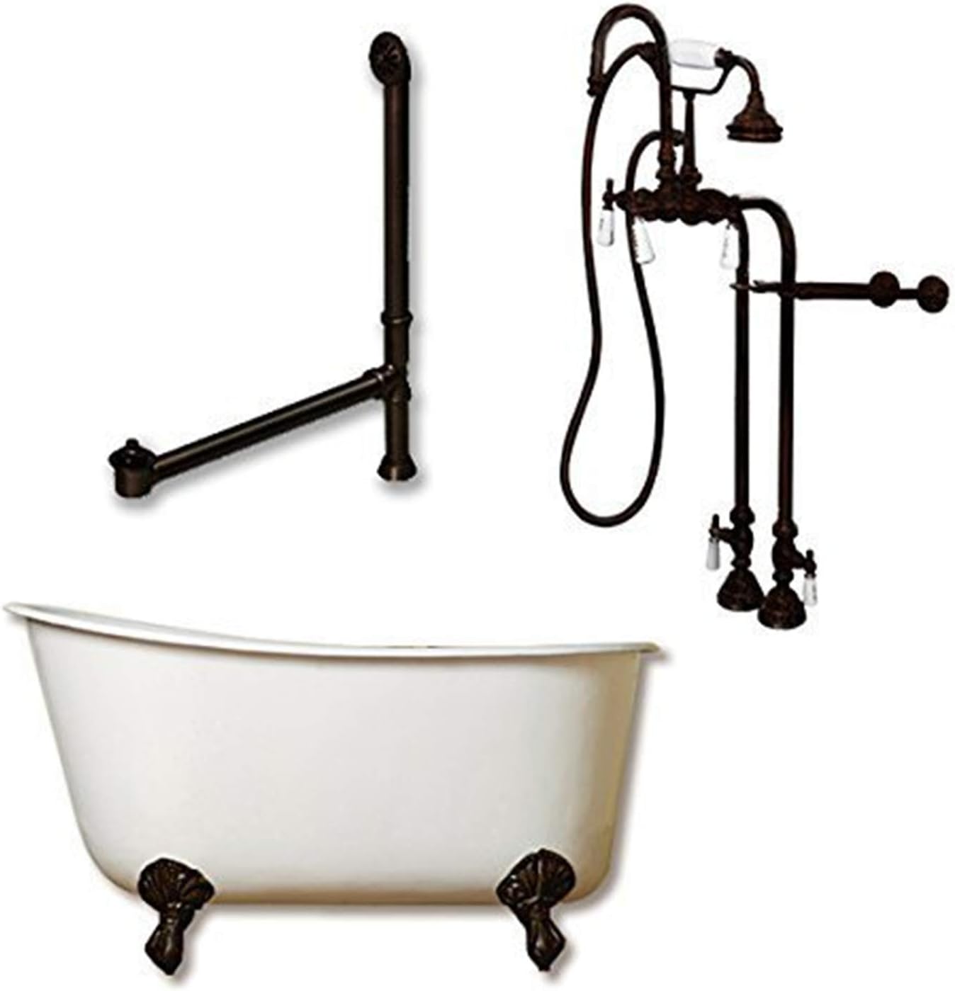 Cast Iron Swedish Slipper Tub 58" X 30" with no Faucet Drillings and Complete Oil Rubbed Bronze Free Standing English Telephone Style Faucet with Hand Held Shower Assembly Plumbing Package