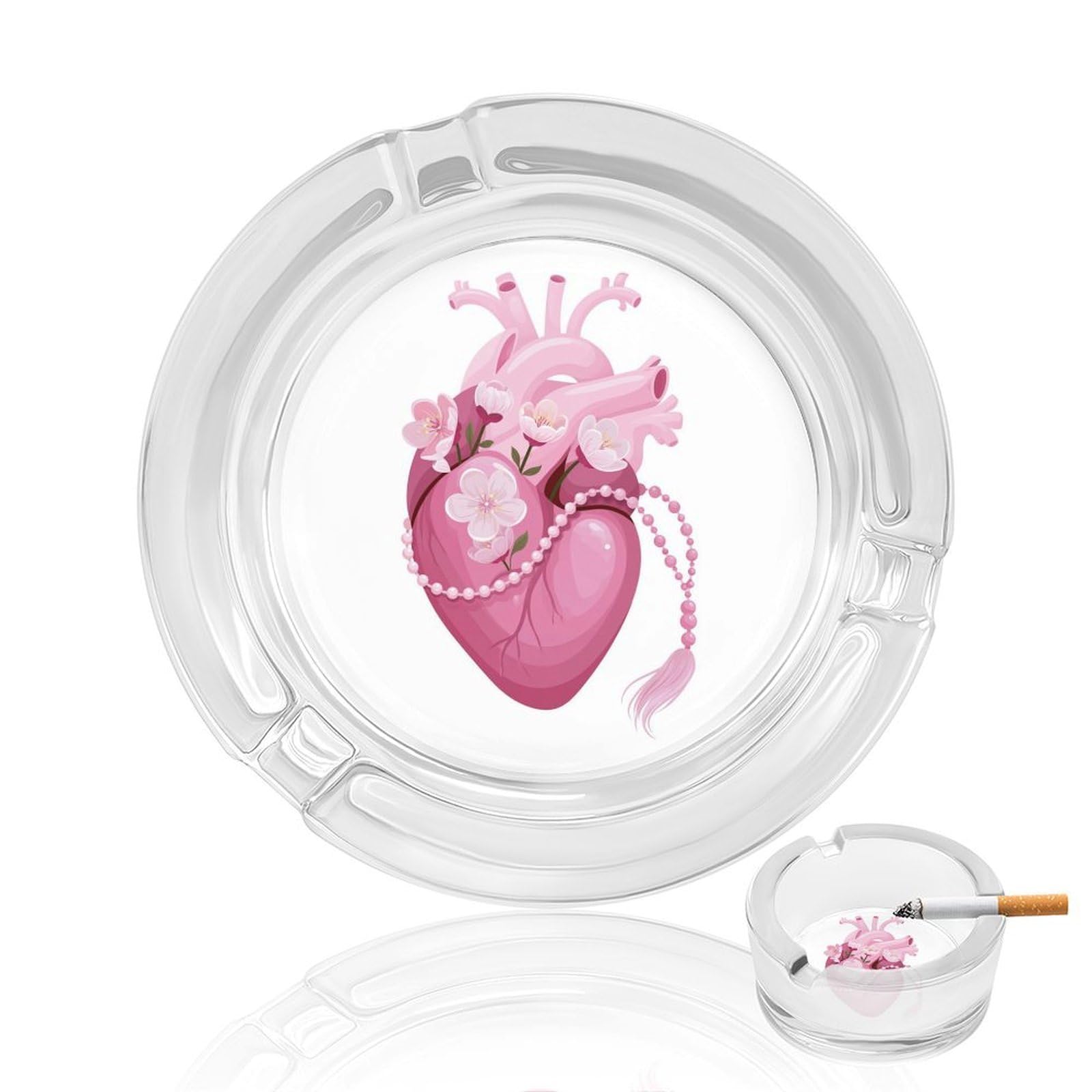 Pink Anatomical Heart with Flowers Glass Ashtray for Cigarettes Portable Decorative Ash Trays for Home Office Decor