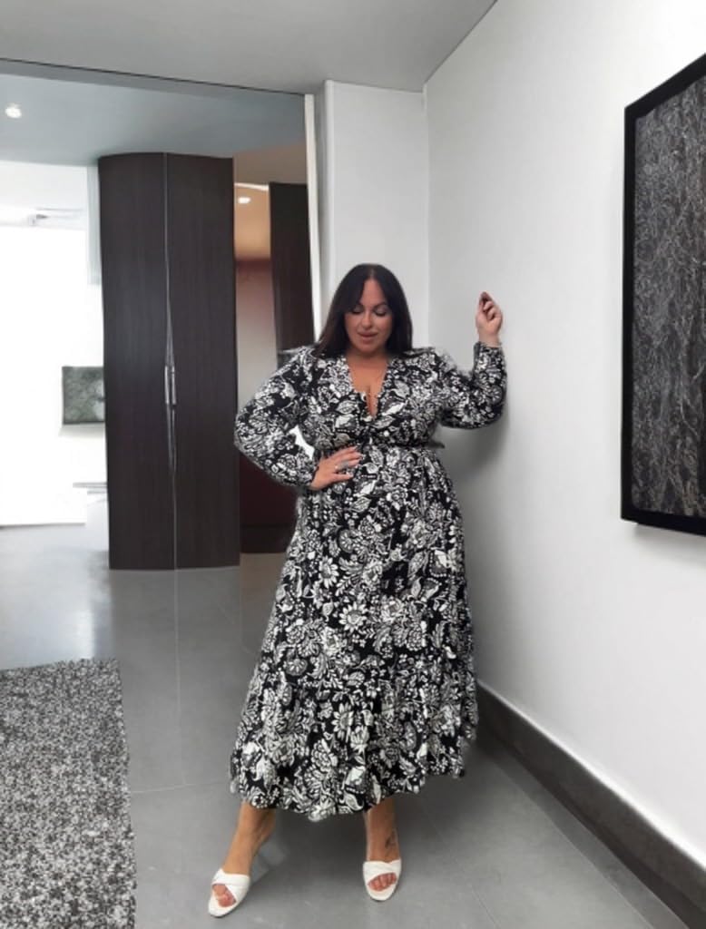 CARCOS Women's Plus Size Boho Floral Fall Dress Long Sleeve V Neck Wedding Guest Cocktail Party Flowy Midi Dress XL-5XL - Image 3