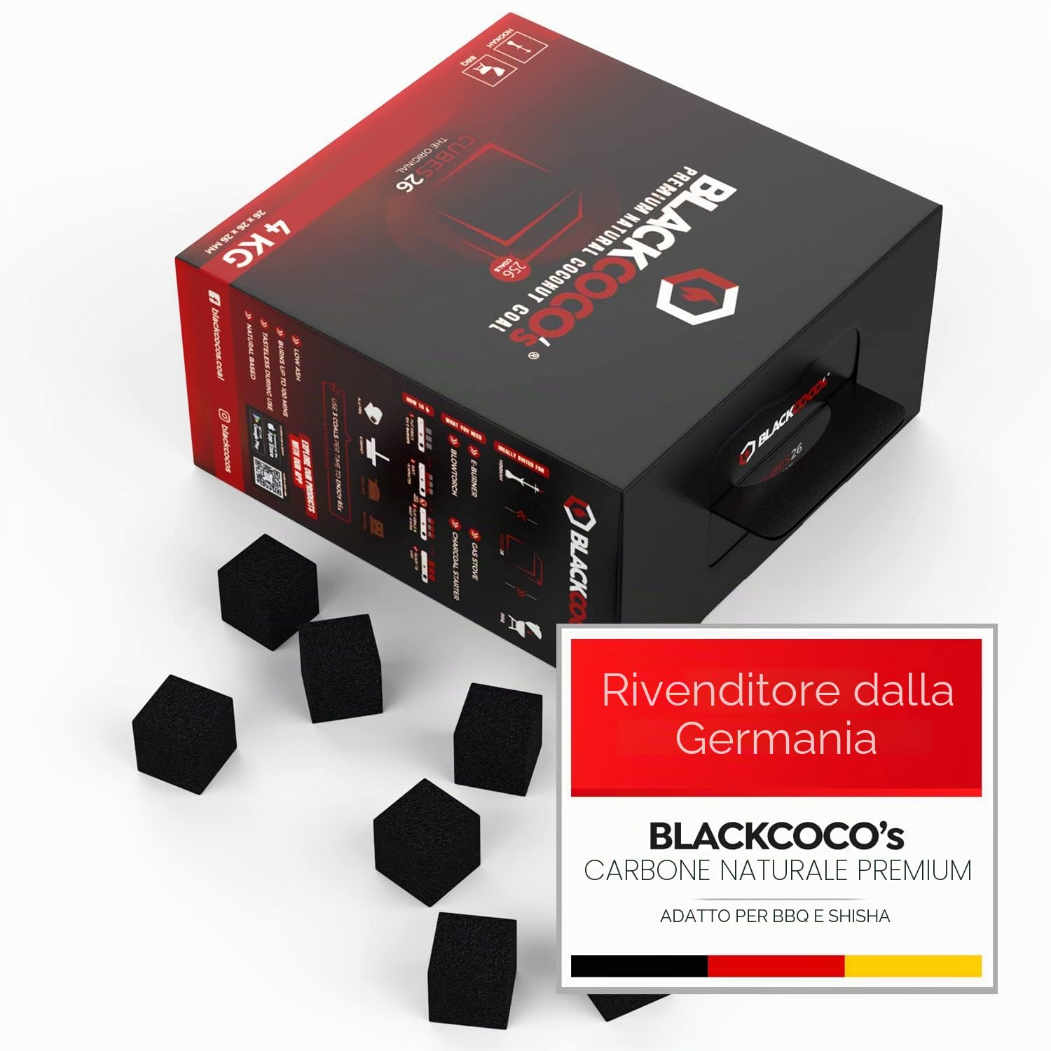 BLACKCOCO's 4 KG Premium Shisha Coal Natural Charcoal Coconut and BBQ Bricchetti di cocco di alta qualità per narghilè e barbecue Shisha Cube Coals & Barbecue Charcoal con lungo tempo di combustione