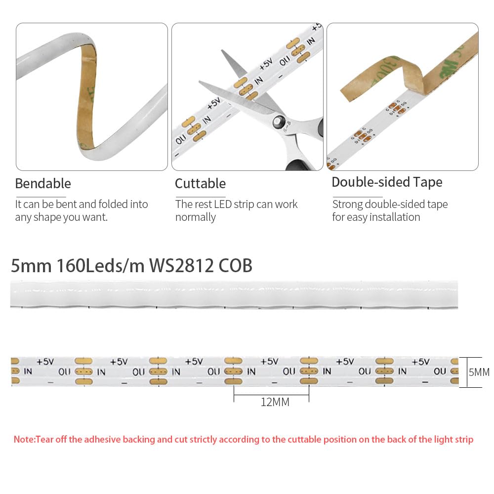 Xnbada Tira de luces LED WS2812B WS2812 de 160 LEDs/m, 5 mm de ancho, direccionable individualmente, color de ensueño, cinta de luz inteligente flexible para dormitorio, cocina, escenario