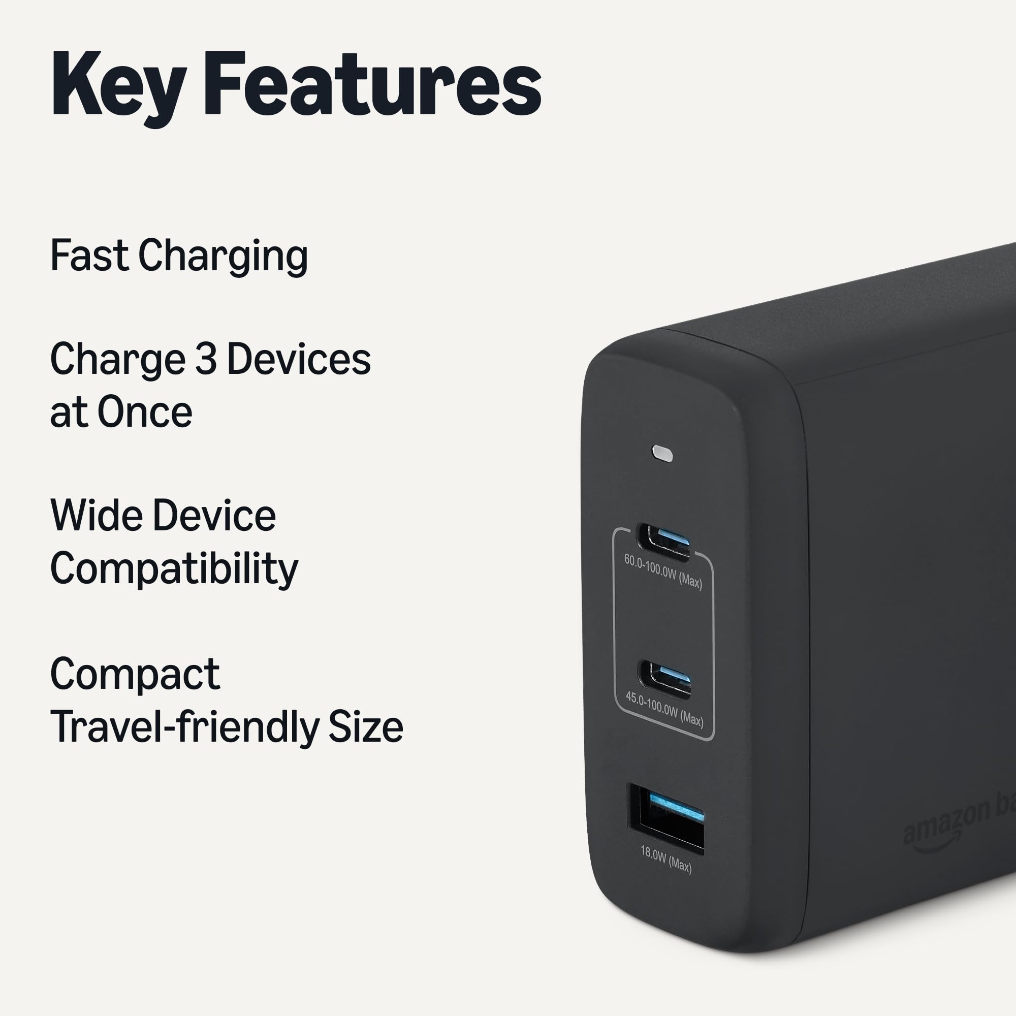 Amazon Basics Fast Charging USB C Nano GaN Wall Charger, 120W 3-Port for Laptops Tablets Phones, Black — view 2