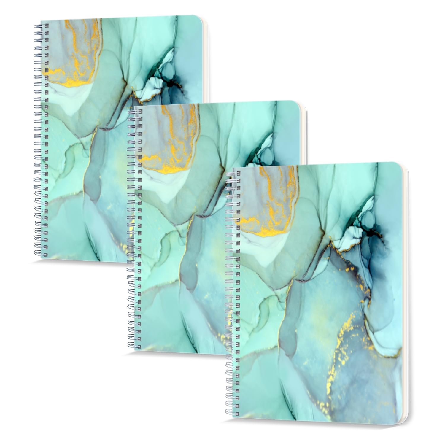 Lined Spiral Journal Notebook,100 Pages,3 Pack,5.71x 8.26 inches College Ruled Paper Double-Wire Spiral Notebook for Study and Notes - Teal Marble