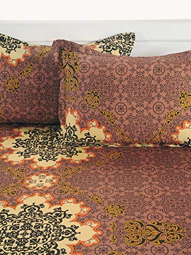 Image of Swayam Mercerized Pure Cotton Single Bedsheet with 1 Pillow Cover | Size 60 x 90 inch | 250 TC | Ethnic Motifs Design | Soft Breathable Bed Sheet | Comfortable & Durable for Bedroom - Brown