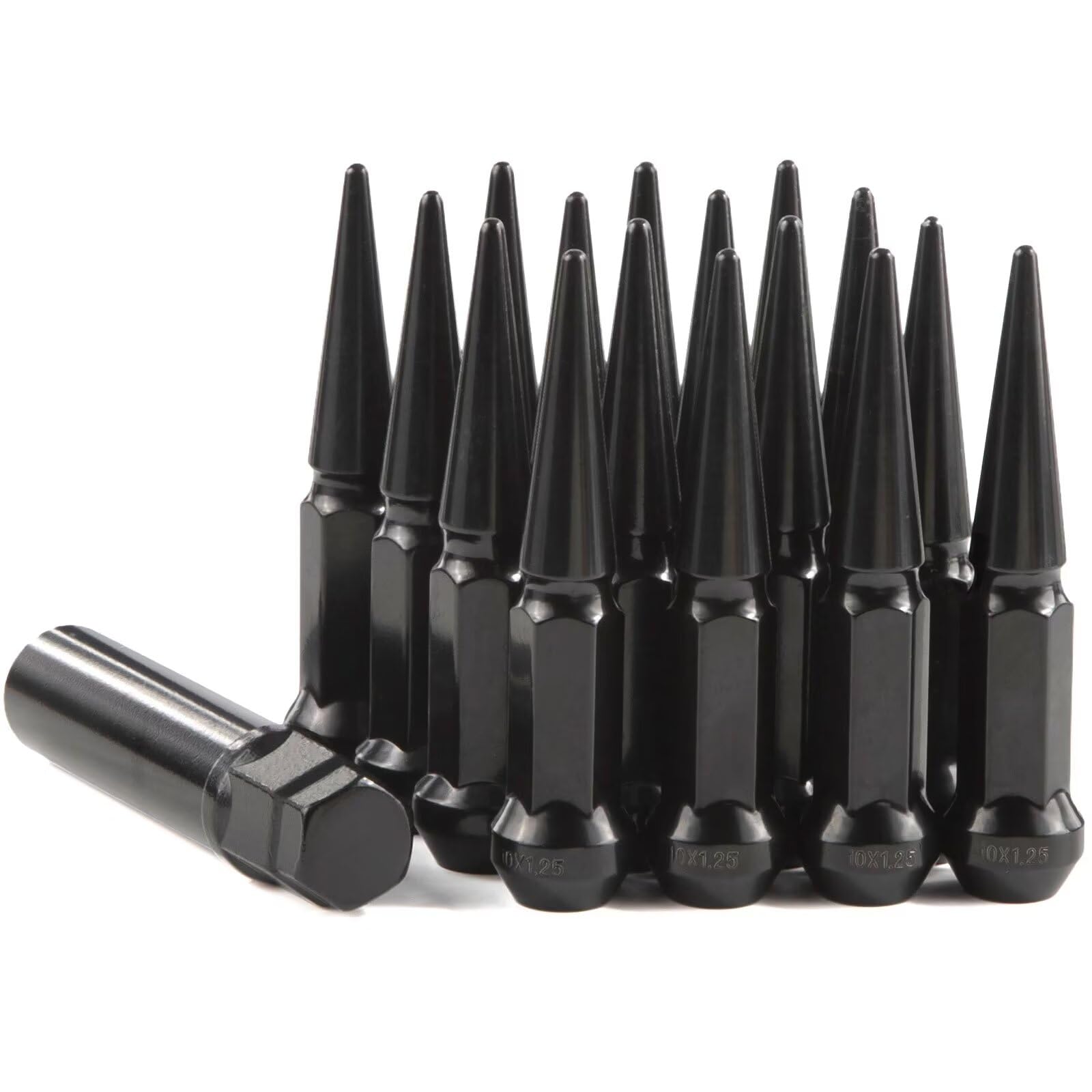 GAsupply 10x1.25 Spike Lug Nuts 16pcs, Closed End Bulge Acorn Black Spiked Lug Nuts, Cone/Conical Seat, 14mm Hex, 3.54" 90mm Tall for Aftermarket