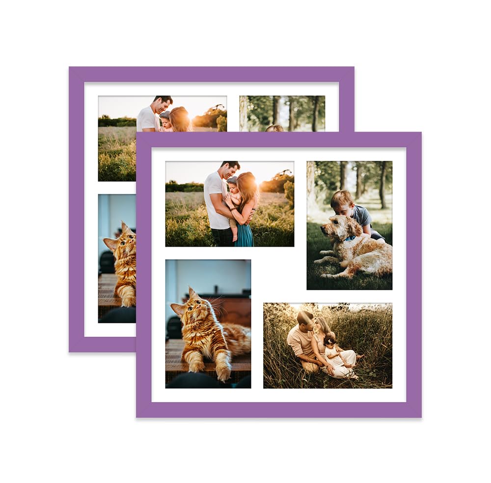 Purple Multi Photo Frame - Holds 4 x 6x4 Pictures, Family Collage Picture Frame for Wall Display, 12x12 Frame size, Set of 2