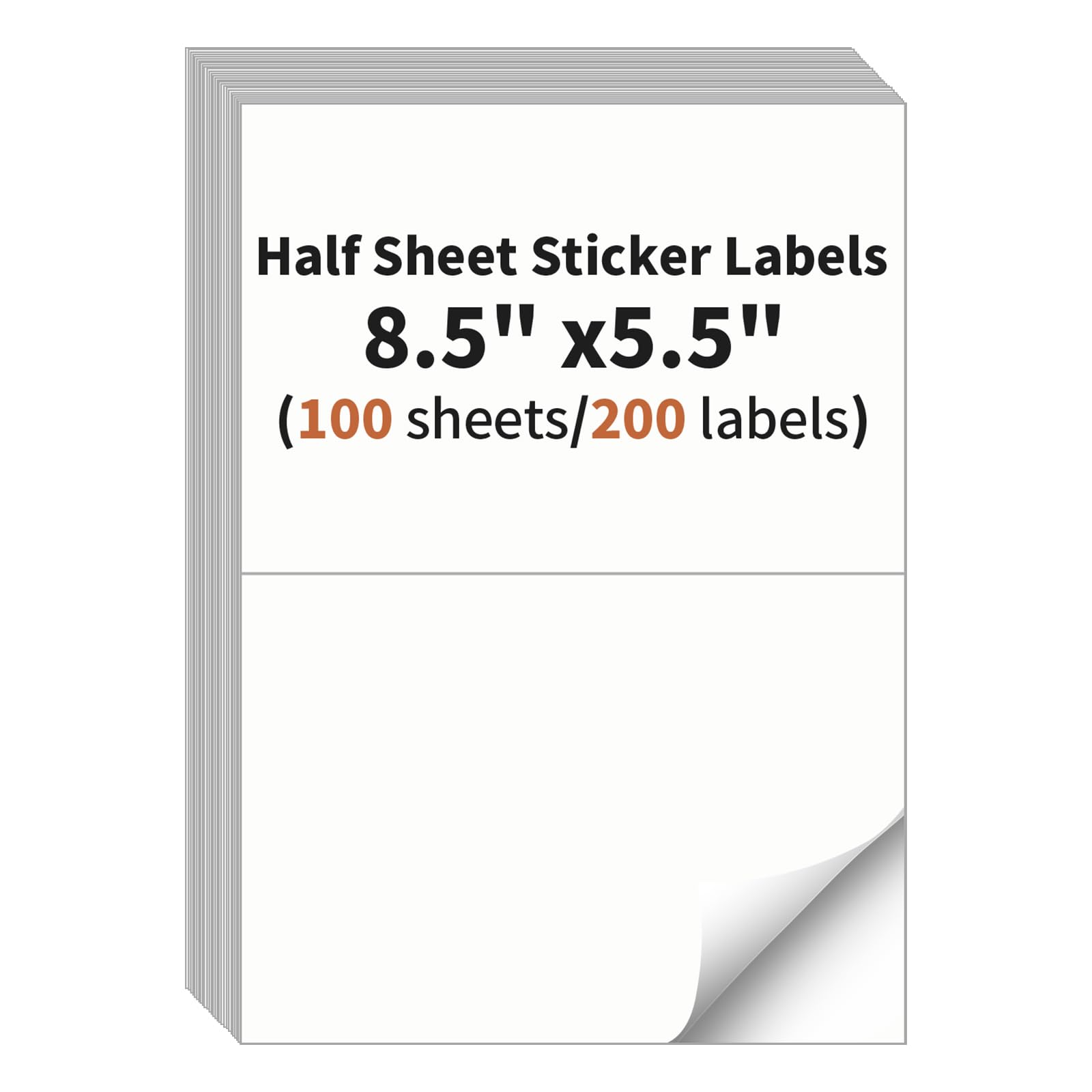 Half Sheet Labels, 2 per Sheet, 100 Sheets, 200 Labels, 8.5" x 5.5" Shipping Labels Paper, Address Sticker Laser & Inkjet Printer Label Stickers, 5 1/