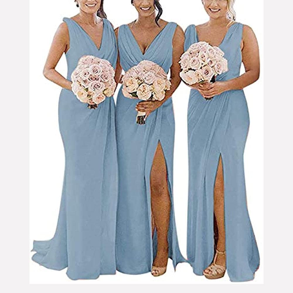 yhfshop Elegant Bridesmaid Dresses,Double shoulder V-neck chiffon slit evening gown-Gray blue_40,Women's Classic Evening Dresses