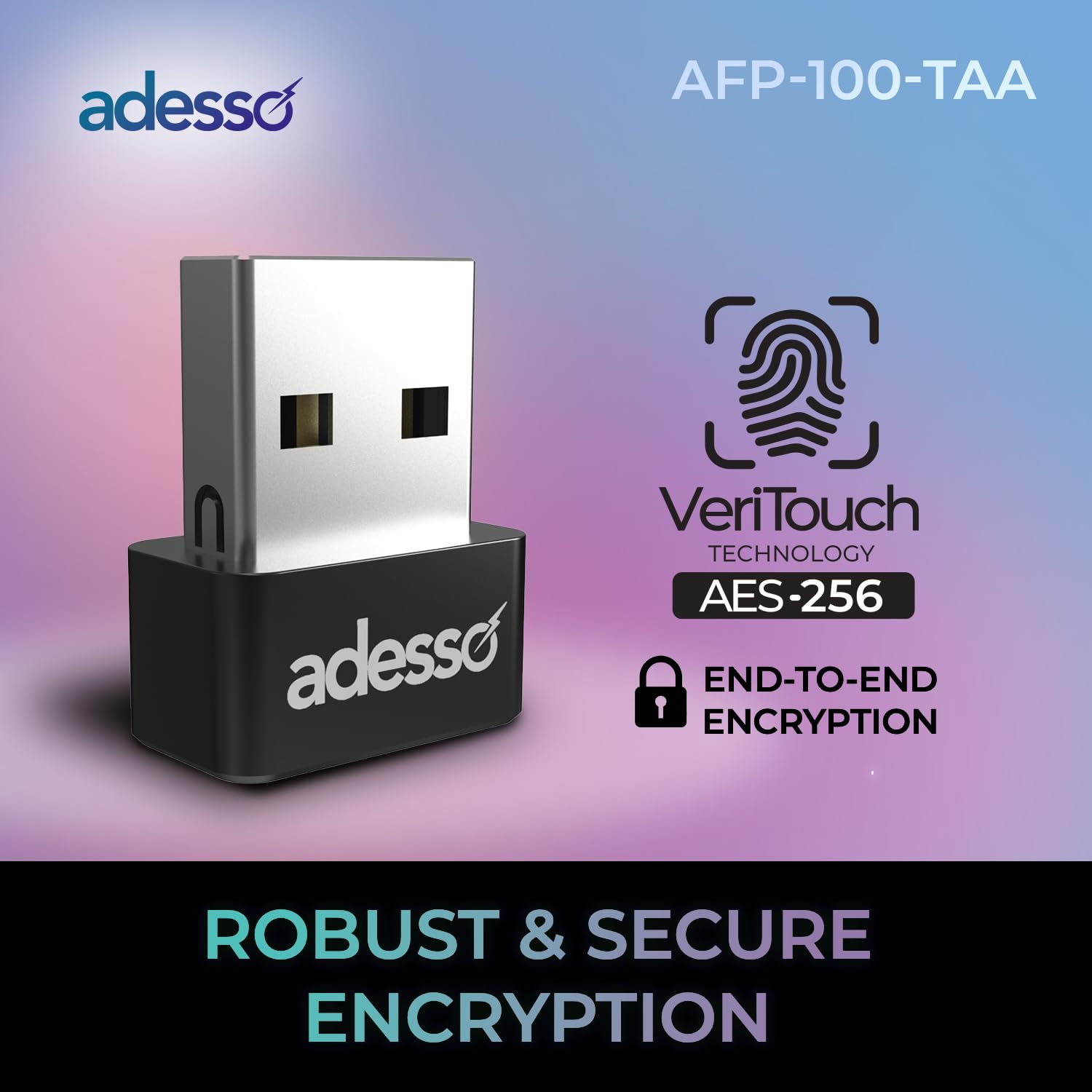 Adesso Lector de huellas dactilares USB compatible con Windows Hello Seguridad biométrica integrada Cifrado AES256 fabricado en Taiwán Cumple con la TAA AFP-100-TAA