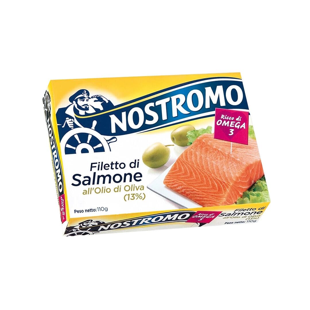 5x Nostromo Filetto di Salmone Olio di Oliva,Pesce in Scatola,Lattina da 110g + 1 Confezione di Talco Felce Azzurra in omaggio, Busta da 100g