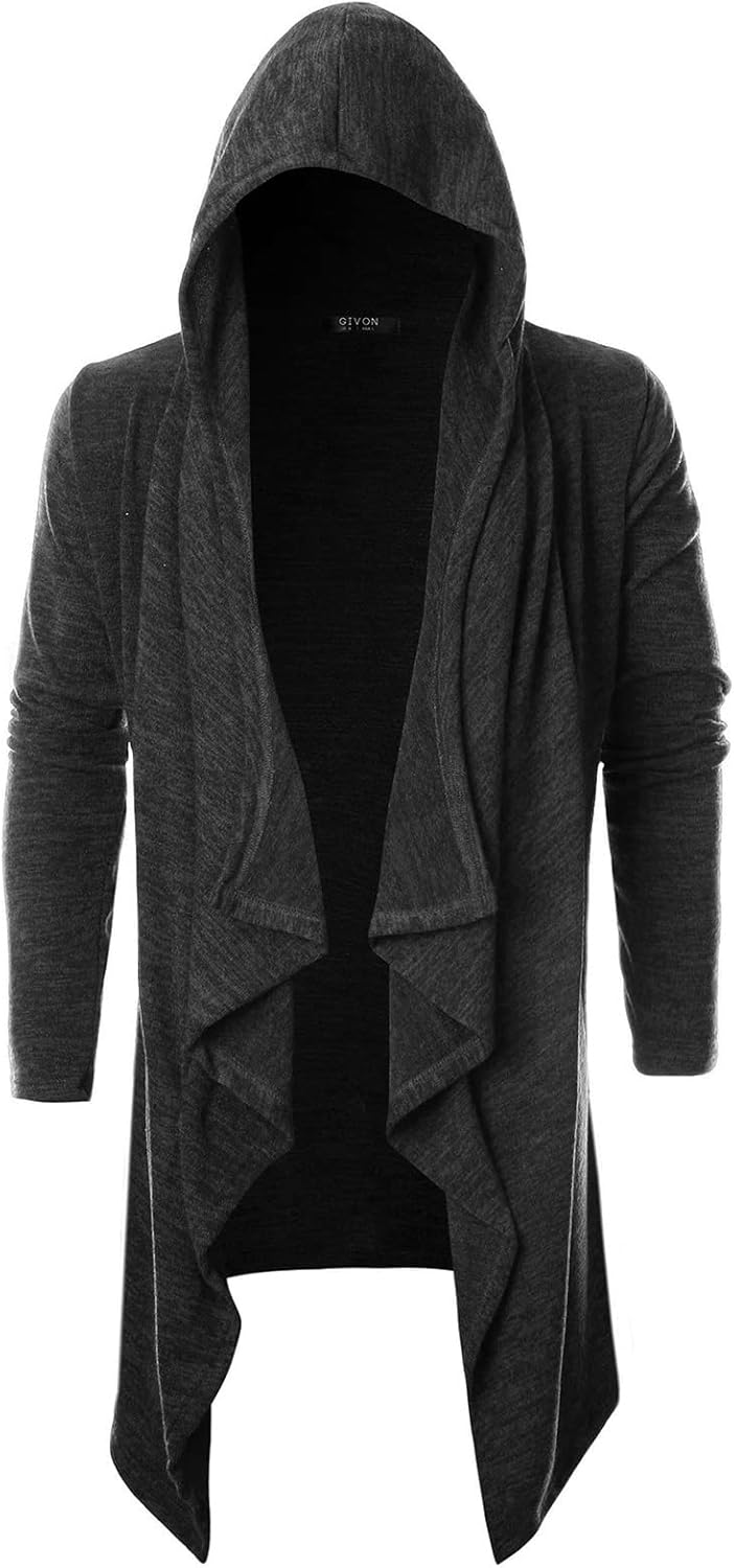 GIVON Mens Hooded Cardigan Ruffle Shawl Collar Drape Cape Overcoat with Pockets & Oversized Hood - Image 2
