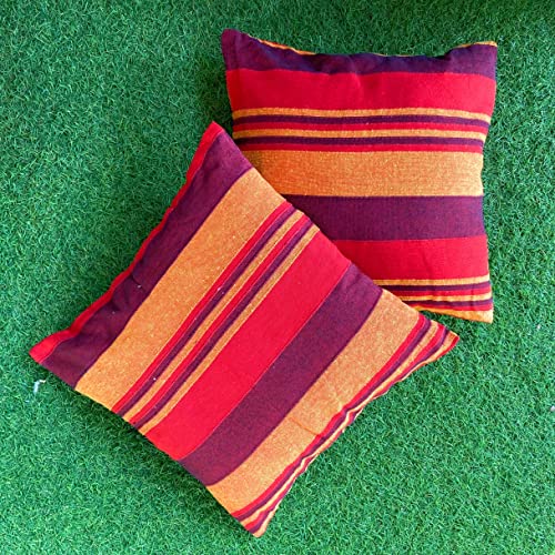 Image of RANGBHAR Handloom Cotton Cushion Covers with Concealed Top Zip, Striped /Solid Cushion Covers for Living Room, 16 x 16 inch, Red, Pack of 2