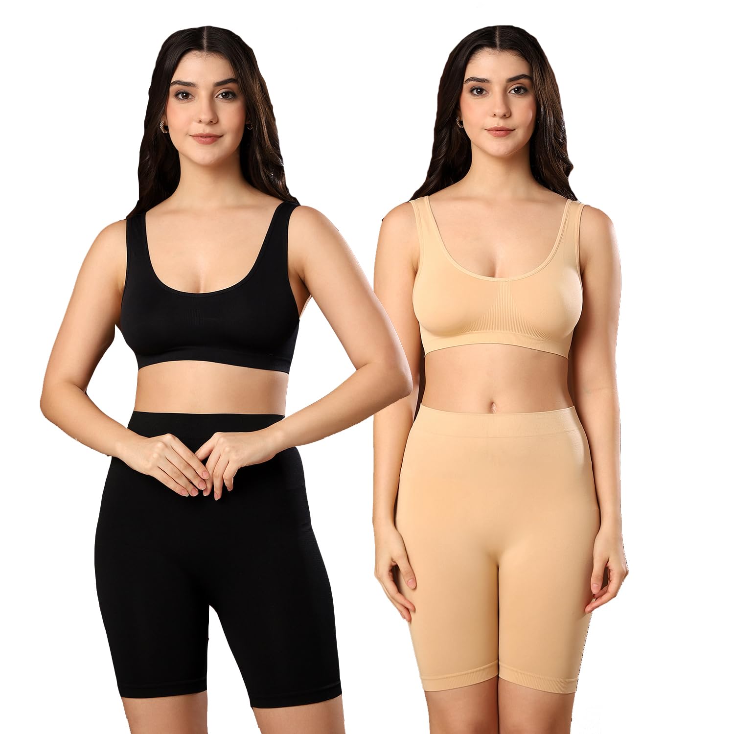 paavki Women's Pack of 2 Non-Padded Seamless Comfort Fit Stretchable Hosiery Sports Air Bra and Skin Tight Shorts Set | Suitable for Workout Activwear Gym Running Swimming Night Wear-picture-0