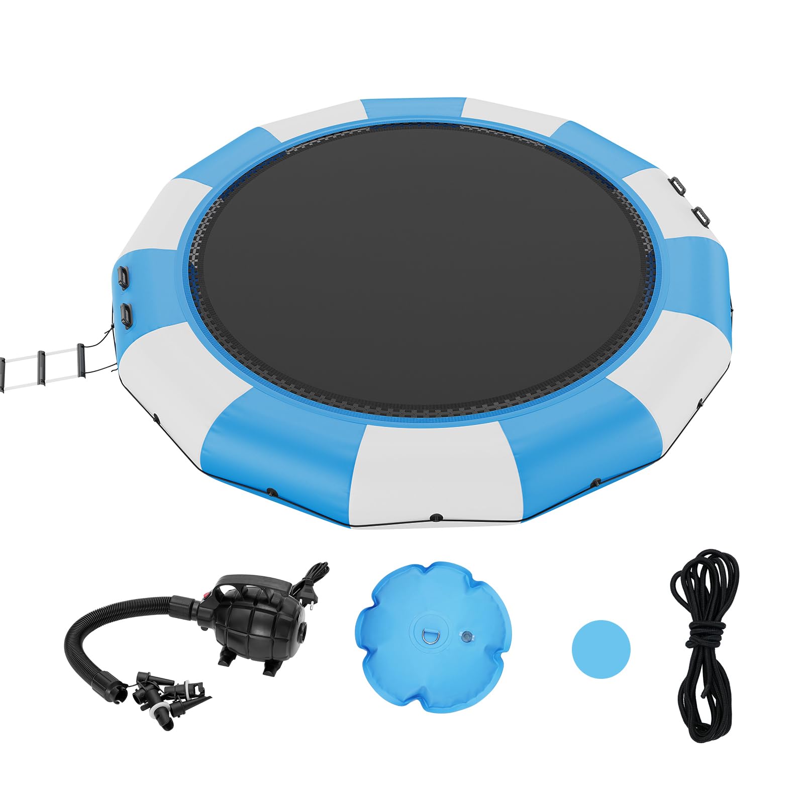 Happybuy 15ft Inflatable Water Bouncer, Portable Recreational Water Trampoline with 3-Step Ladder & Electric Air Pump for Pools, Lakes, and Water Sports