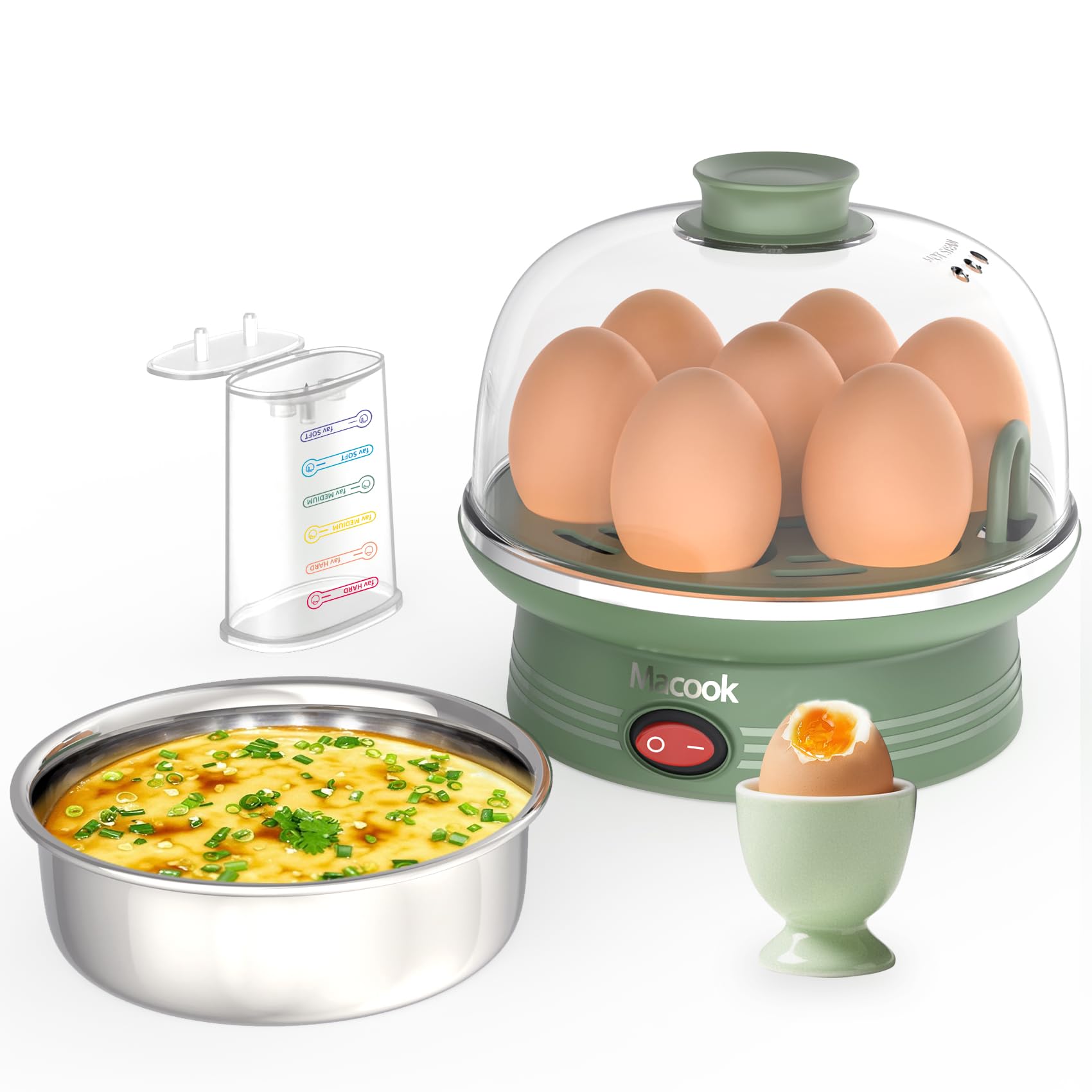 Egg Cooker & Stainless Steel Steamer, 7 Egg Capacity Electric Egg Boiler, Quick Boiling, Auto-Off, 350W, Green - Includes Measuring Cup, Stickers & Removable Tray (Green)