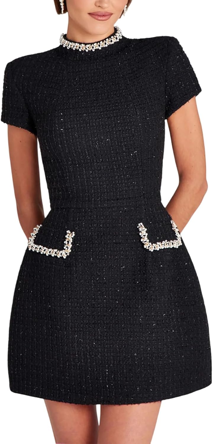 Women's Tweed Mini Dress Elegant Beaded Square Neck Long Sleeve High Waist A-Line Party Club Bodycon Short Dresses