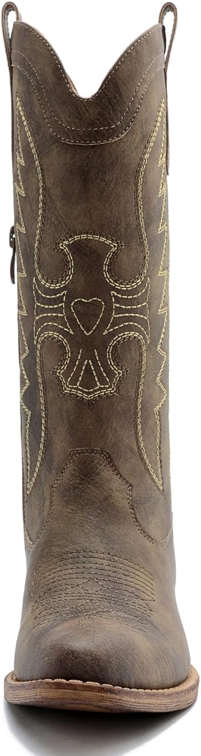 GLOBALWIN Women's Cowboy Boots Comfortable Brown Cowgirl Boots For Daily Wear, Work & Travel Square Toe Fall Boots With Low Heel And Easy Side Zipper Versatile Mid Calf Boots For Women